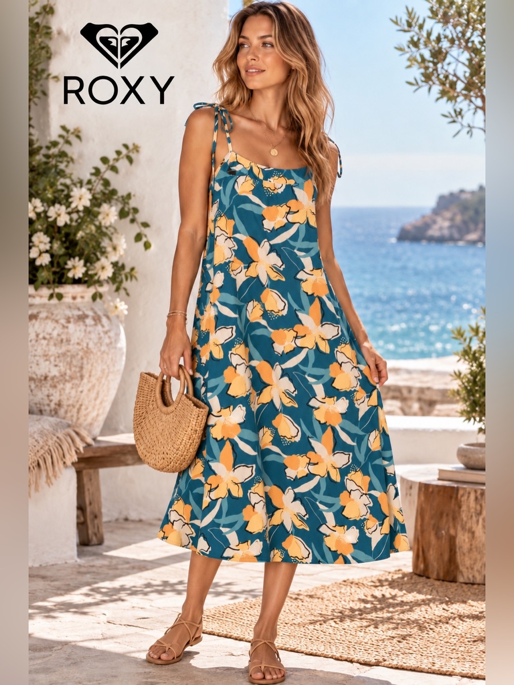 Roxy Nowhere to Hide Rachele Maxi Dress XL Teal Floral Tie Shoulder Coastal